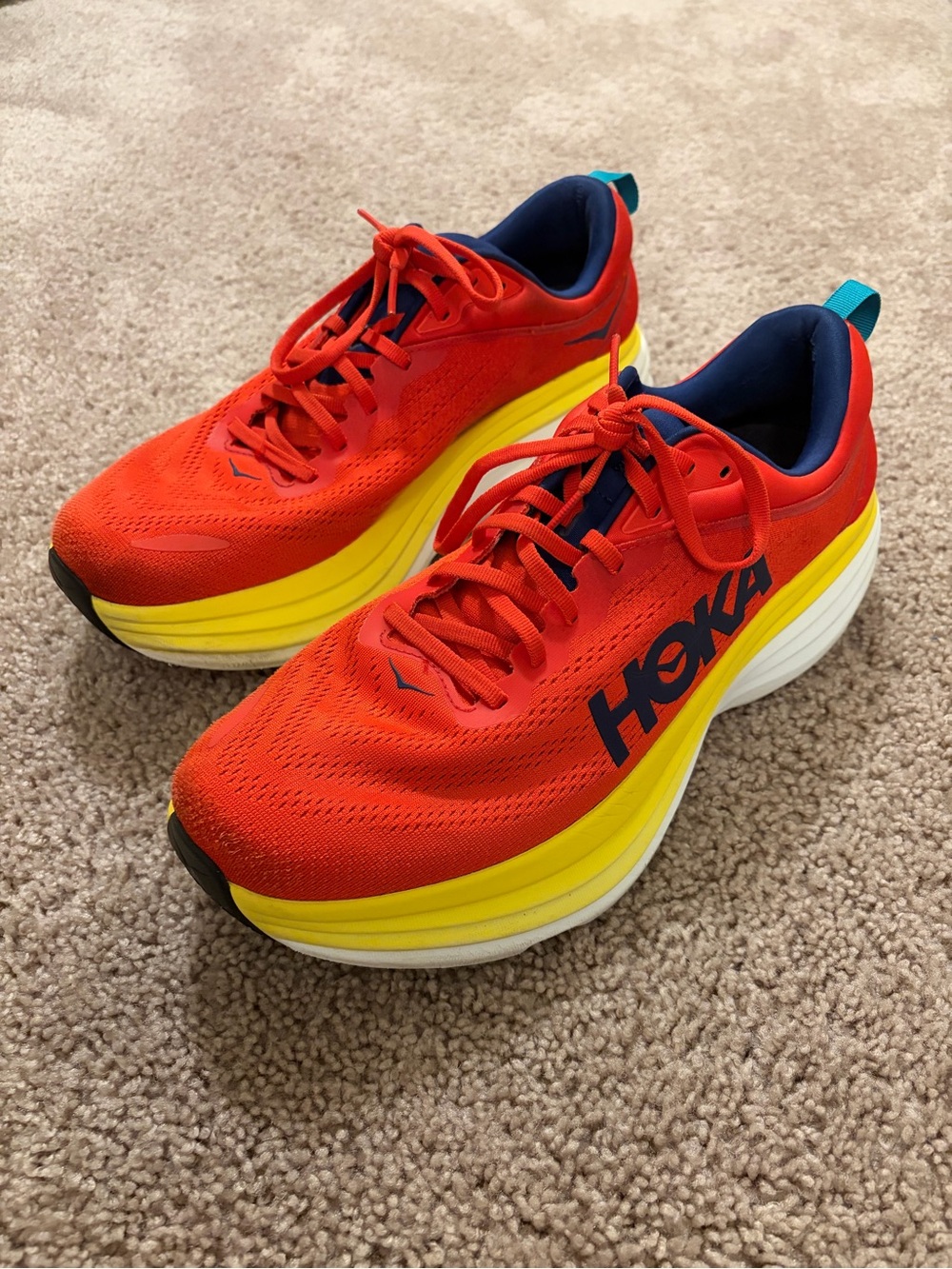 Hoka Bondi 8 Red Alert Flame Running Shoes Men’s Size 13